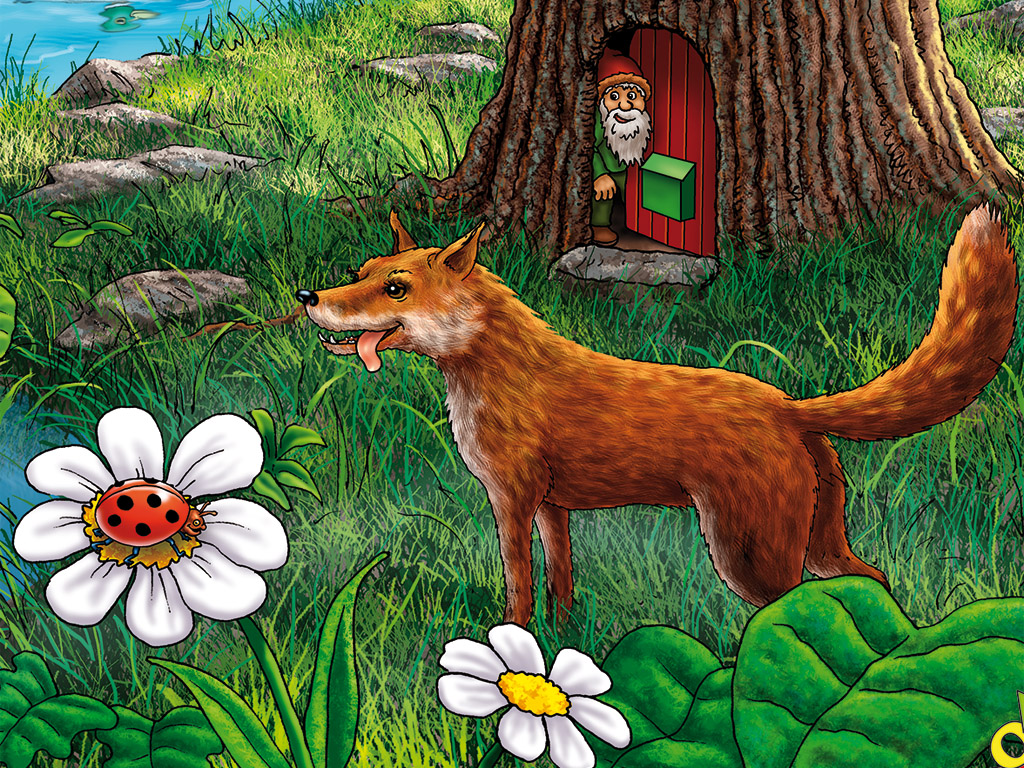 Elf looks at the fox and the cute ladybug 