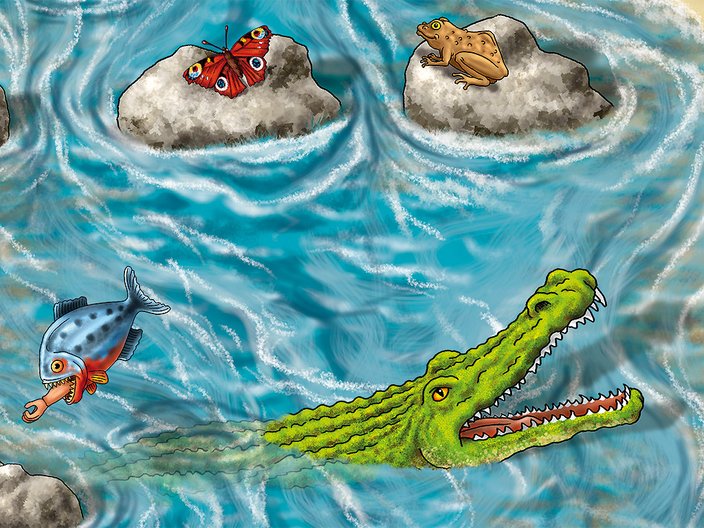 crocodile, butterfly, frog and piranha  