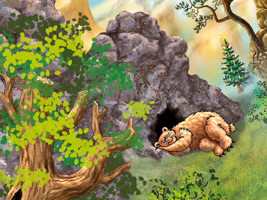 The bear sleeps in front of its bear cave 